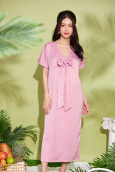 Silk Crepe Midi Dress with V-Neck and Bow Detail